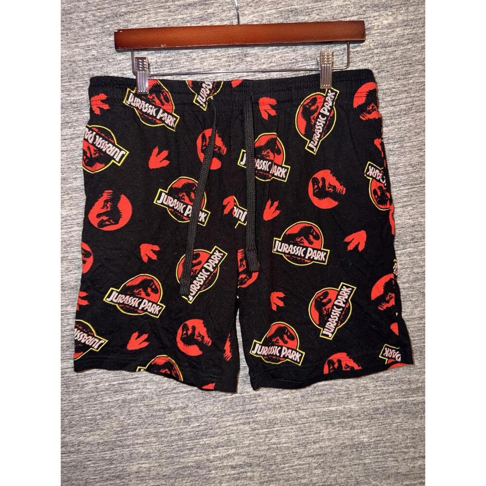 Jurassic Park World Mens Large Sleep Shorts 100% Cotton Black Red Dinosaur Logo